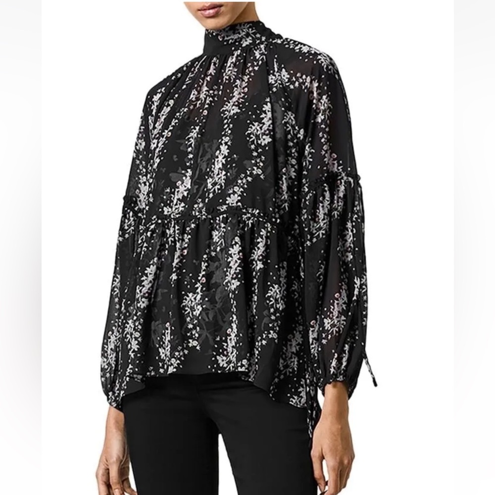 ALLSAINTS satin floral blouse, black/white, sheer with matching camisole, size 0